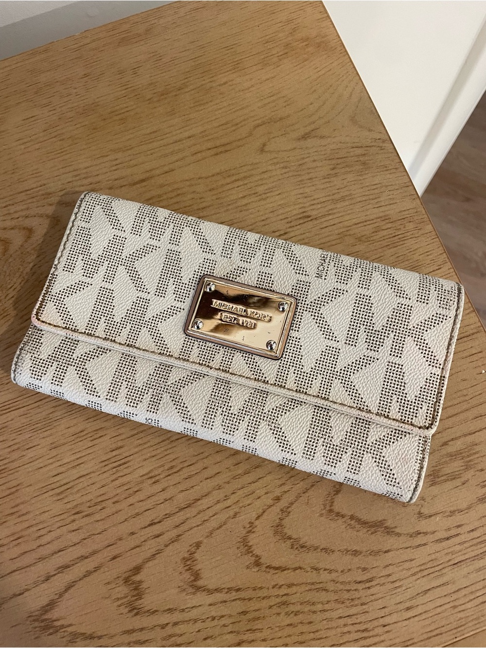Michael Kors Cream and Brown Signature MK Continental Wallet